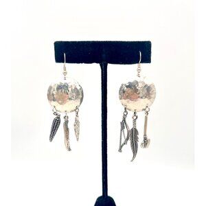 Handmade Hammered Sterling Silver Earrings Feather Charms Southwestern Boho 925